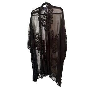 Daytrip Kimono Wrap Black Floral Embroidered Sheer Mesh Lace Open Front Boho L